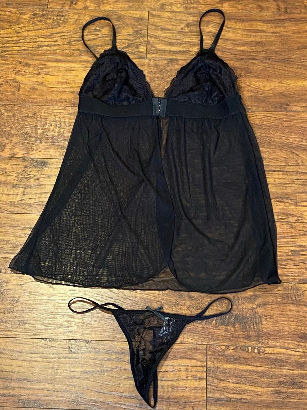Lingerie Set Size L BLACK SPLIT LACE NWOT Sheer Babydoll Front Clasp